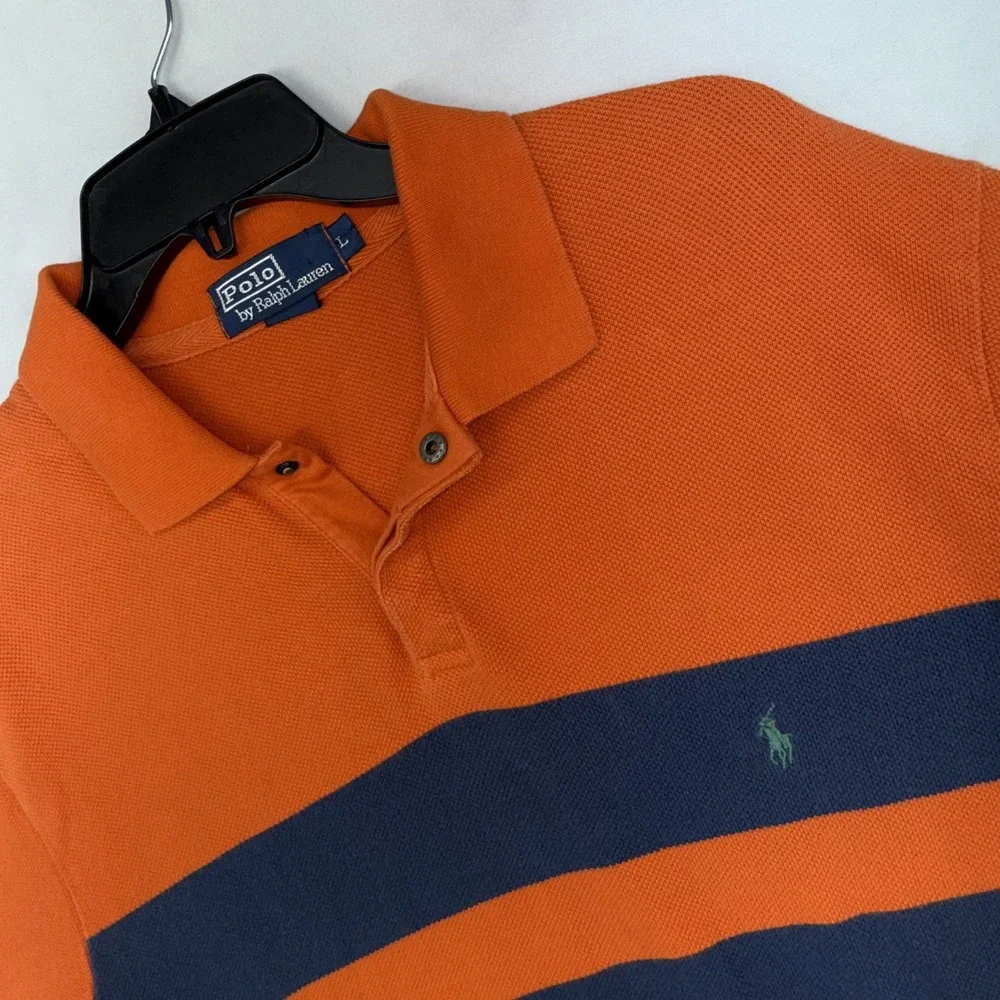 Polo Ralph Lauren Mens L Orange Navy Stripe Pima Mesh Big Pony Polo Shirt